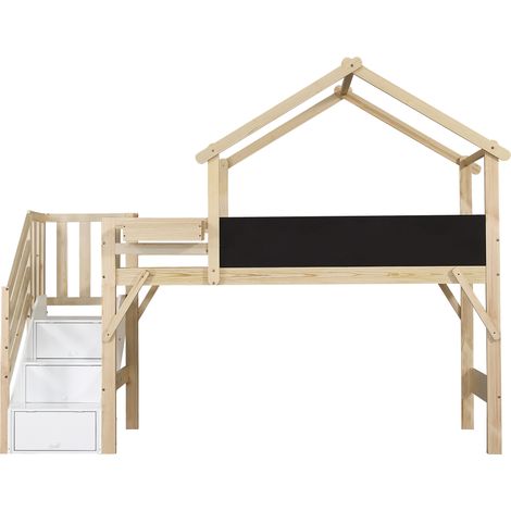 Lit superposé, lit enfant avec barrière antichute et garde-corps, design de toit unique, tableau à peindre, avec 3 compartiments de rangement dans l’escalier, pin+MDF+contreplaqué, blanc+naturel, 90x2
