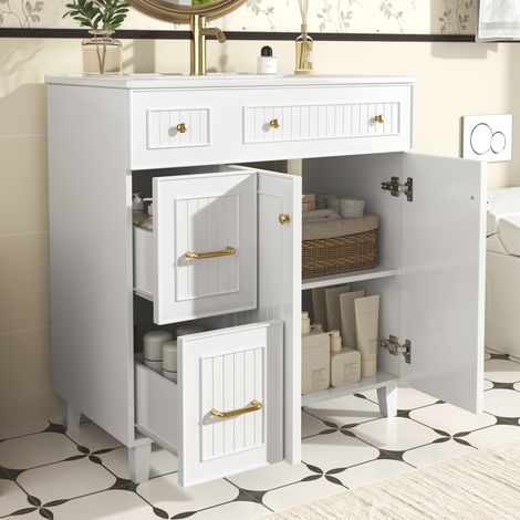 Mueble de baño con lavabo de pie moderno blanco, lavabo de cerámica, MDF lacado, 1 puerta y cajones, 81,7 cm (1/5)