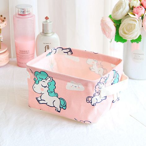 Boîte de rangement en toile de dessin animé avec revêtement imperméable, boîte de rangement de bureau Unicorn Pony(Rose) (1/5)
