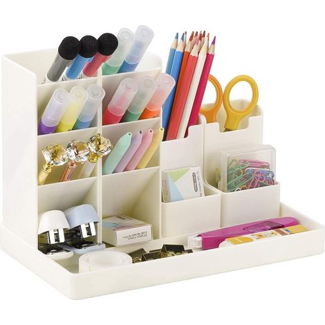 Dieser Schreibtisch-Organizer bietet Platz für Stifte, Malutensilien, Pinsel, Kosmetikartikel, Fernbedienungen usw. Er ist leicht zu reinigen, verfügt über ein mehrstufiges Design und beinhaltet Schre
