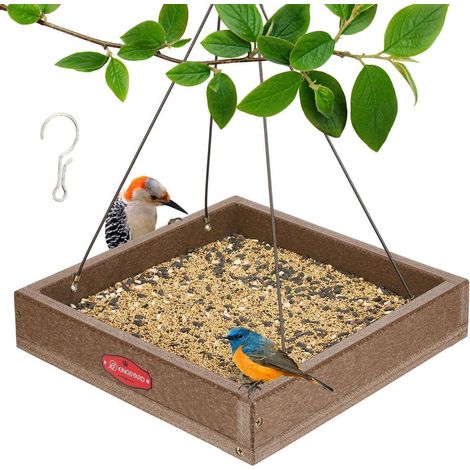 Mangeoire à oiseaux suspendue en plastique recyclé, grande capacité, marron