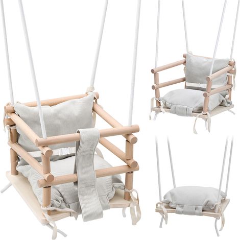 Randaco Balançoire enfant avec assise bois, coussin beige doux et cordes réglables en hauteur