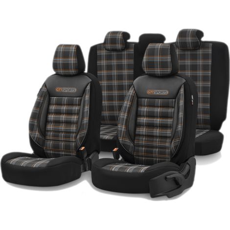 Komplettset luxuriöser Sitzbezüge OTOM – Textil mit Kunstleder, GTI SPORTS Design – schwarz mit orangefarbener Naht, für vordere