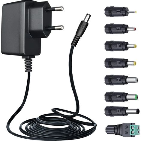 Adaptateur Secteur 12 V 0,5 A/500 mA de 1,8 m avec 8 Prises CC, câble Adaptateur de Commutation CA/CC 12 V 0,5 A 6 W pour Platine Vinyle, routeur, Enceinte et Plus Encore (1/5)