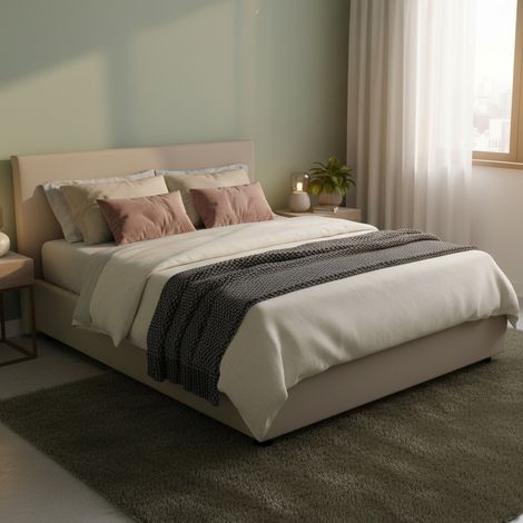 Talamo Italia Cama matrimonial Bertilla, Cama contenedor con tapizado en ecopiel, 100% Made in Italy, Apertura frontal, con colchón Cm 160x190 incluido, Tórtola, con embalaje reforzado (1/5)