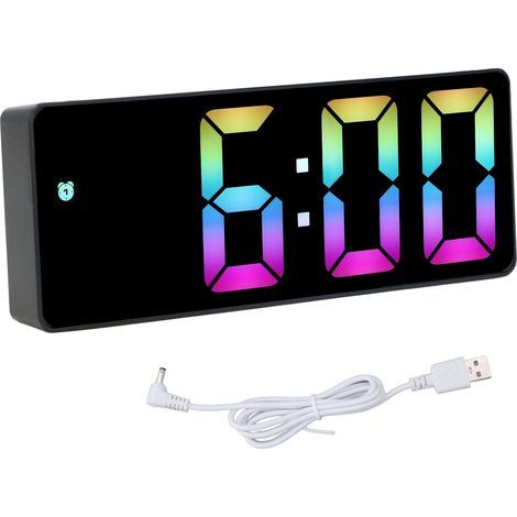 Colorful LED digital alarm clock, large electronic display, for bedside and bedroom, black casing, Style C, 0725 (1/5)
