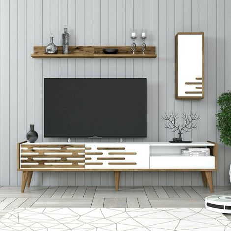 Dmora - Fernsehschrank Dbrunozz, Ständer für Wohnzimmerfernseher, Niedriges Wohnzimmer-Sideboard, TV-Ständerbasis, 180x45h35 cm, Weiß und Walnuss (1/5)