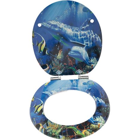 Abattant de toilettes motif dauphins, âme en bois MDF, couvercle à fermeture douce et silencieuse, revêtement PVC hygiénique et facile à nettoyer (1/5)