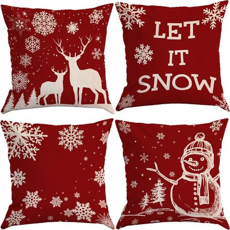 4PCS Thème de Noël Housse de Coussin,Taie d'oreiller de Flocon de Neige,Taie d'oreiller de Noël,Noël Housse de Coussin,Taie d'oreiller de Noël pour Canape (Rouge Blanc) (1/5)
