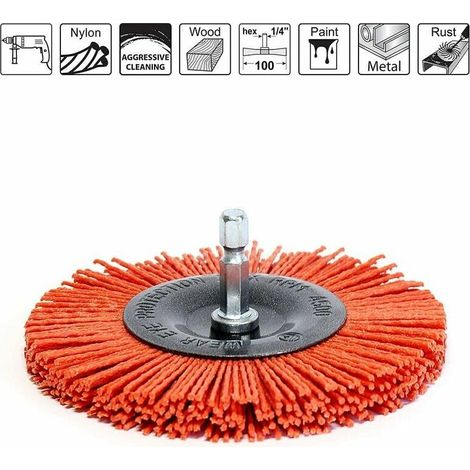Lucky-88 – 100 mm Nylon-Rundbürste – Zur Reinigung von Holz und Metall – 1/4"-Sechskantschaft – Grobe Körnung für präzises Finish (1/5)
