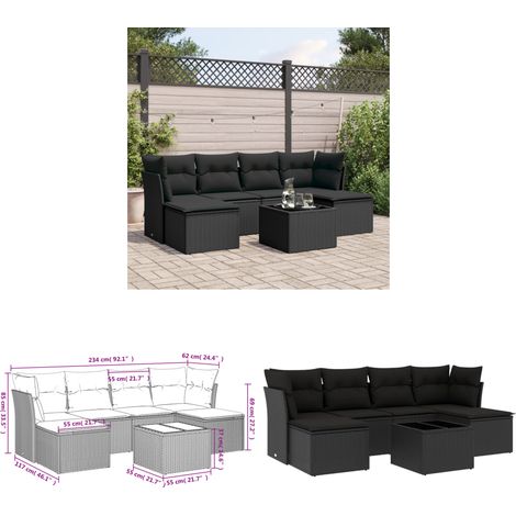 7-tlg. Garten-Sofagarnitur mit Kissen Schwarz Poly Rattan - Gartenmöbel Set - PE-Rattan Möbel - Outdoor Sofa - Esstisch Set - Balkonmöbel - Home & Living (1/3)