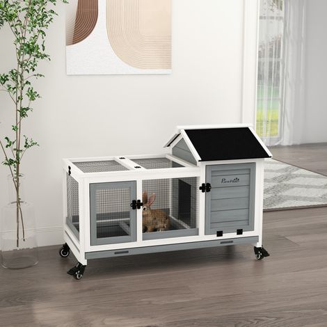 Clapier cage à lapins rongeurs sur roulettes 2 portes verrouillables - dim. 108L x 58l x 73.5H cm - bois massif