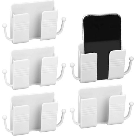 Lot de 5 supports muraux pour téléphone, auto-adhésifs et munis de crochets, pour la maison, la chambre ou le salon. (1/5)