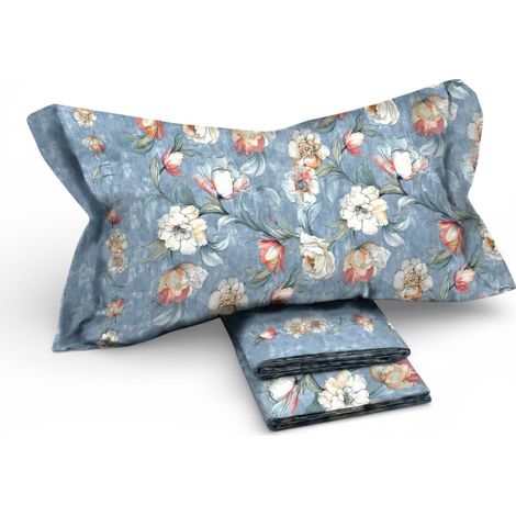Completo Lenzuola Matrimoniale MAXI Fior di Perla Azzurro 100% Cotone – Fantasia Floreale, Sotto con Angoli