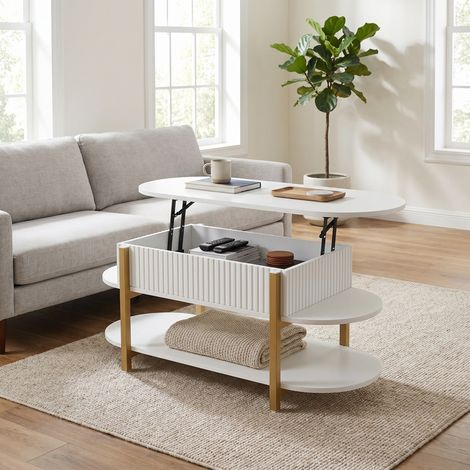 Couchtisch Höhenverstellbar 106 cm, Kaffeetisch mit Stauraum und Liftfunktion, Holz und Metall Beistelltisch, Moderner Wohnzimmertisch, Weiß