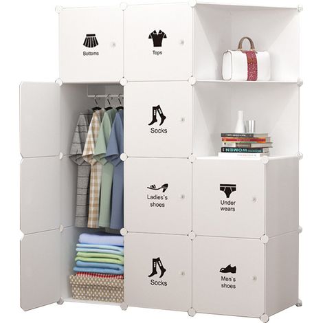 Armoire modulable, Placard de rangement portable, Organisateur vêtements enfant, avec 12 Cubes, 1 Rails Suspendus, 111 x 47 x 147 cm, Blanc (1/5)