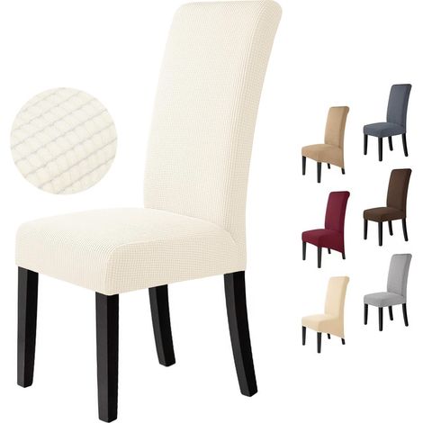 Housse de Chaise 2 Pièces Salle à Manger Jacquard Extensible Amovible Lavable Couverture de Chaise Universelle Protection de Chaise pour Mariage, Cuisine, Banquet (2Pièces, Crème Blanche)-M (1/5)