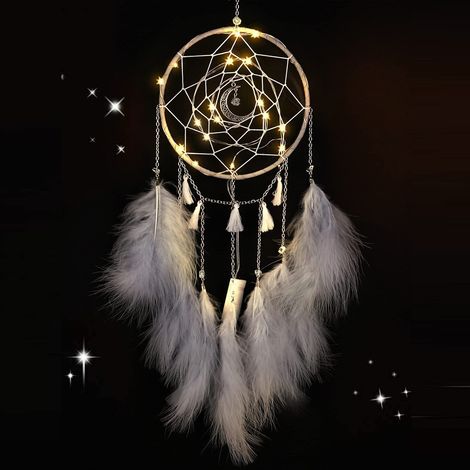 Dreamcatcher artisanal fait main avec plumes, lumière LED chaleureuse, décoration murale bohème, capteur de rêves lumineux pour chambre, taille 20 cm, 1 pièce (1/5)