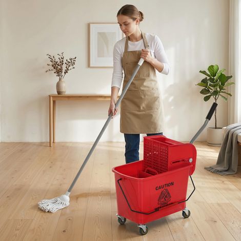 Rouge 45x26,5x70 cm - Seau à frotter doté de panneau séparateur de drainage et roues Capacité 20L pour nettoyage domestique (1/4)