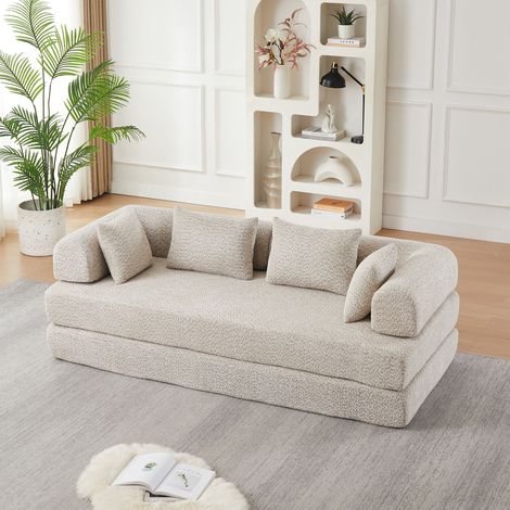 Canapé convertible modulable 2 places 4-en-1, dossier réglable, sans montage, 4 coussins, tissu chenille beige, assise en mousse haute résilience (1/5)
