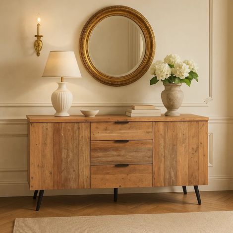URBAN MEUBLE Commode à tiroirs effet bois vieilli 2 portes avec étagères réglables 140x35x70 cm (1/5)
