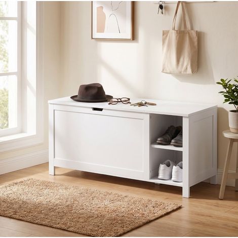 Panca portascarpe 100x40x48,5 cm in legno bianco con vano contenitore FloraGrace (1/5)