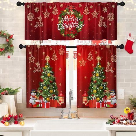 Rideau De Cuisine - Rideau Court Et Bandeau - Motif Noël Sapin Flocons De Neige - 36 Pouces - Rouge - Lot De 3 (1/5)