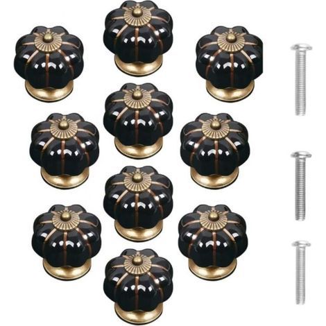 Lot de 10 boutons de porte en céramique vintage en forme de citrouille Noir (1/4)