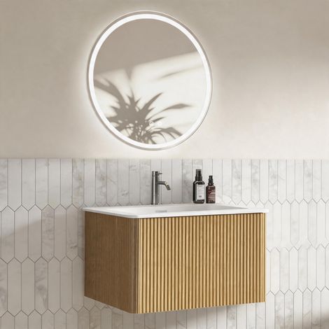 Meuble vasque 60cm avec miroir LED rond, pré-monté, meuble rayé avec tiroir, chêne, salle bain moderne, rangement pratique et élégant (1/5)