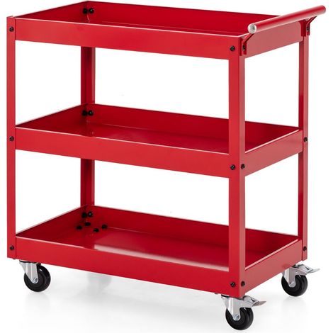 Carrello di servizio a 3 ripiani 77,5 x 38 x 79 cm versatile con maniglia ergonomica e ruote rosse in metallo e PU 200017652