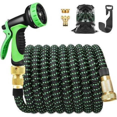 Tubo per irrigazione estensibile da 30 m con tubo retrattile, supporto e pistola a spruzzo 9 funzioni connettori in ottone (1/4)