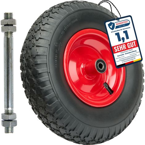 Garronda Roue de brouette 4.00-6 avec axe et roulements, pneumatique 2PR Ø 320×90 mm, jante acier peinte, valve auto, moyeu 97 mm alésage 12 mm – roue de rechange pour chariot GD-0163, Noir-Rouge (1/5)