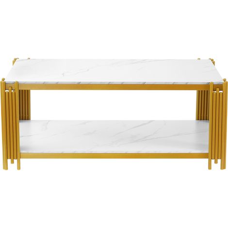 Mesa de centro rectangular con patas de metal, efecto mármol, blanco y dorado, 114 x 63,5 x 46,3 cm (1/5)