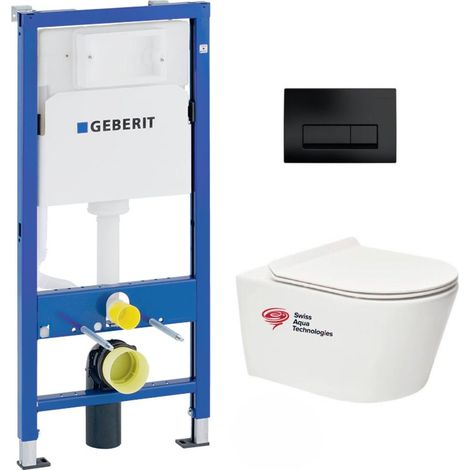 Pack WC suspendu sans bride – Bâti-support Geberit UP100 – Cuvette céramique avec fixations invisibles – Abattant ultra-fin softclose (1/5)