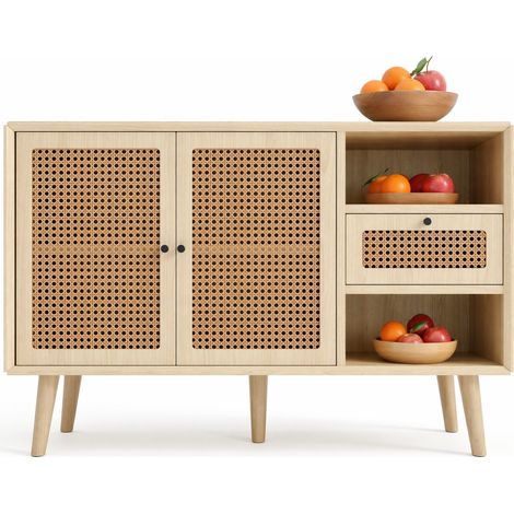 Buffet bas 1 tiroir et 2 portes à fermeture magnétique, étagères réglables, façades effet tressé, MDF et métal, 120 x 40 x 80 cm – CHICFURN (1/5)
