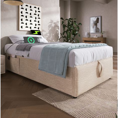 Letto contenitore in lino beige e naturale 90x200 cm con USB/Type-C, base in legno massello, senza testiera (1/5)