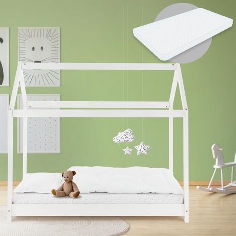 ML-Design Cama Infantil Casa Blanca 80x160 cm de Madera de Pino + Colchón de Espuma Fría 10cm, Techo y Somier de Listones, Cuna de Suelo Maciza Casita de Juego Juvenil Mobiliario para Niño y Bebé (1/5)