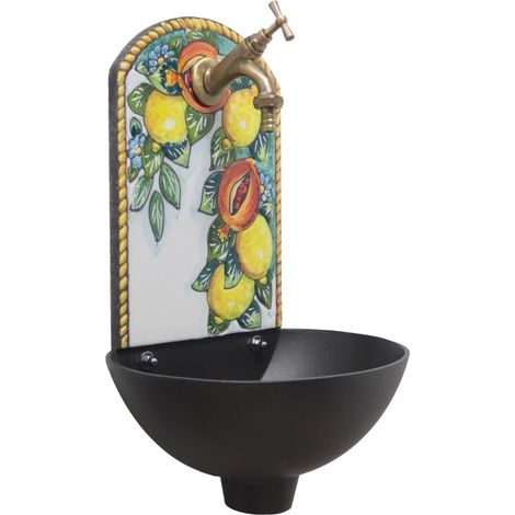 Fontana a muro Petra "A" colore ghisa per casa e giardino pietra lavica con rubinetto in ottone finitura a scelta : brunito (1/3)