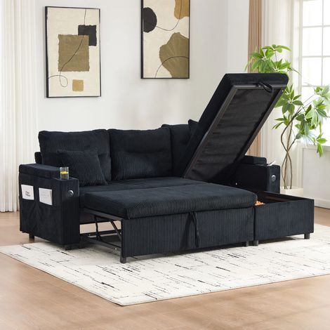 Canapé d'Angle 3 Place Convertible,En Velours Côtelé,Rangement Intégré,Avec Porte-gobelets et Porte USB-C,Noir (1/5)