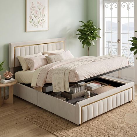 Tanant – Lit coffre 140x190 cm – Lit double avec tête de lit design – Sommier à lattes avec rangement – Tissu lin blanc