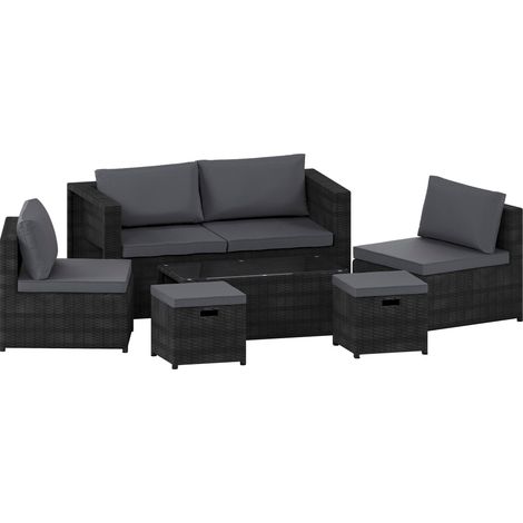 Islay 6 Seater Rattan Garden Furniture Set with Table Chairs Cushions and Protective Cover Black