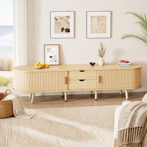 Mueble TV 175x40x42 cm en MDF roble claro, con almacenamiento para salón, diseño moderno FloraGrace (1/5)