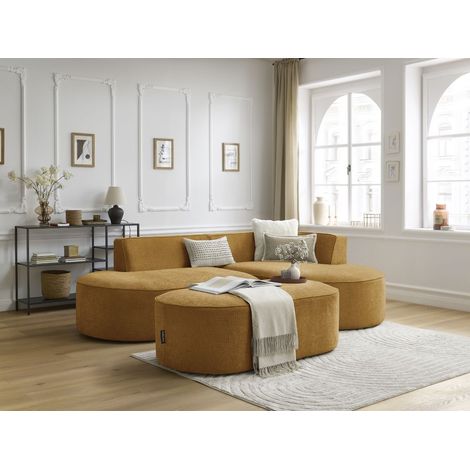 BOBOCHIC - Canapé d'angle fixe ROUSSEAU tissu texturé avec pouf Angle droit Jaune (1/5)
