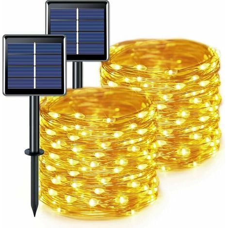 Solar-Lichterkette, 2er-Set, 200 wasserdichte LEDs, 20 m, warmweißes Licht mit 8 Modi, Kupferdraht, ideal für Garten, Terrasse, Weihnachten und Hochzeitsfeiern – warmweiß (1/5)