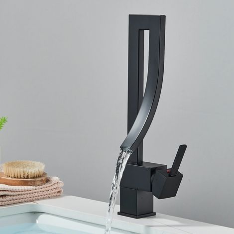 Robinet Salle de Bain Noir cascade Haut Mitigeur Lavabo pour Vasque de Salle Bain,réglable chaud et froid Acier Inox
