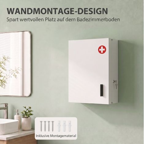 Armario de pared para medicamentos con cerradura de 40x18x60 cm, 6 compartimentos, 3 estantes en puerta, acero blanco (1/5)