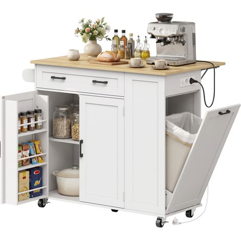 HOMCOM isla de cocina con ruedas, encimera extensible, estación de carga, enchufes, USB, cajón, compartimento para cubo, toallero, blanco y roble (1/5)