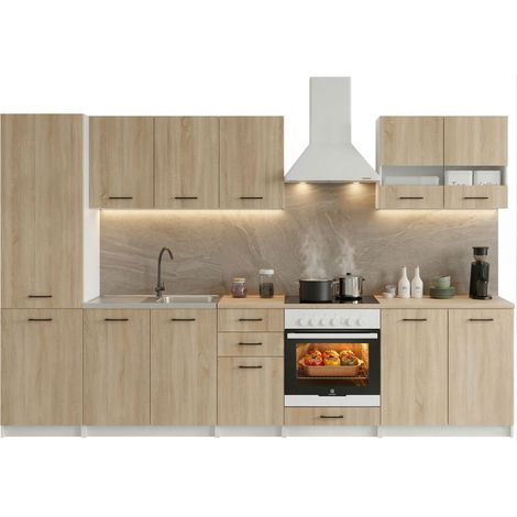 Cuisine complète Sanclar BOIS chêne 310 cm avec colonne et encastrement four - 8 éléments (1/5)