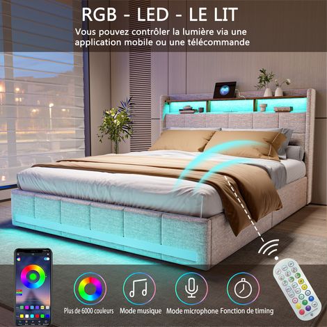 Lit 180x200 avec rangement - SUNFECILI - Capitonné - LED réglable - Tiroirs de rangement - Dossier souple,4 tiroirs de rangement,lin,Beige