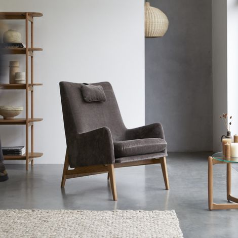Fauteuil en bois de chêne massif et velours gris (1/5)